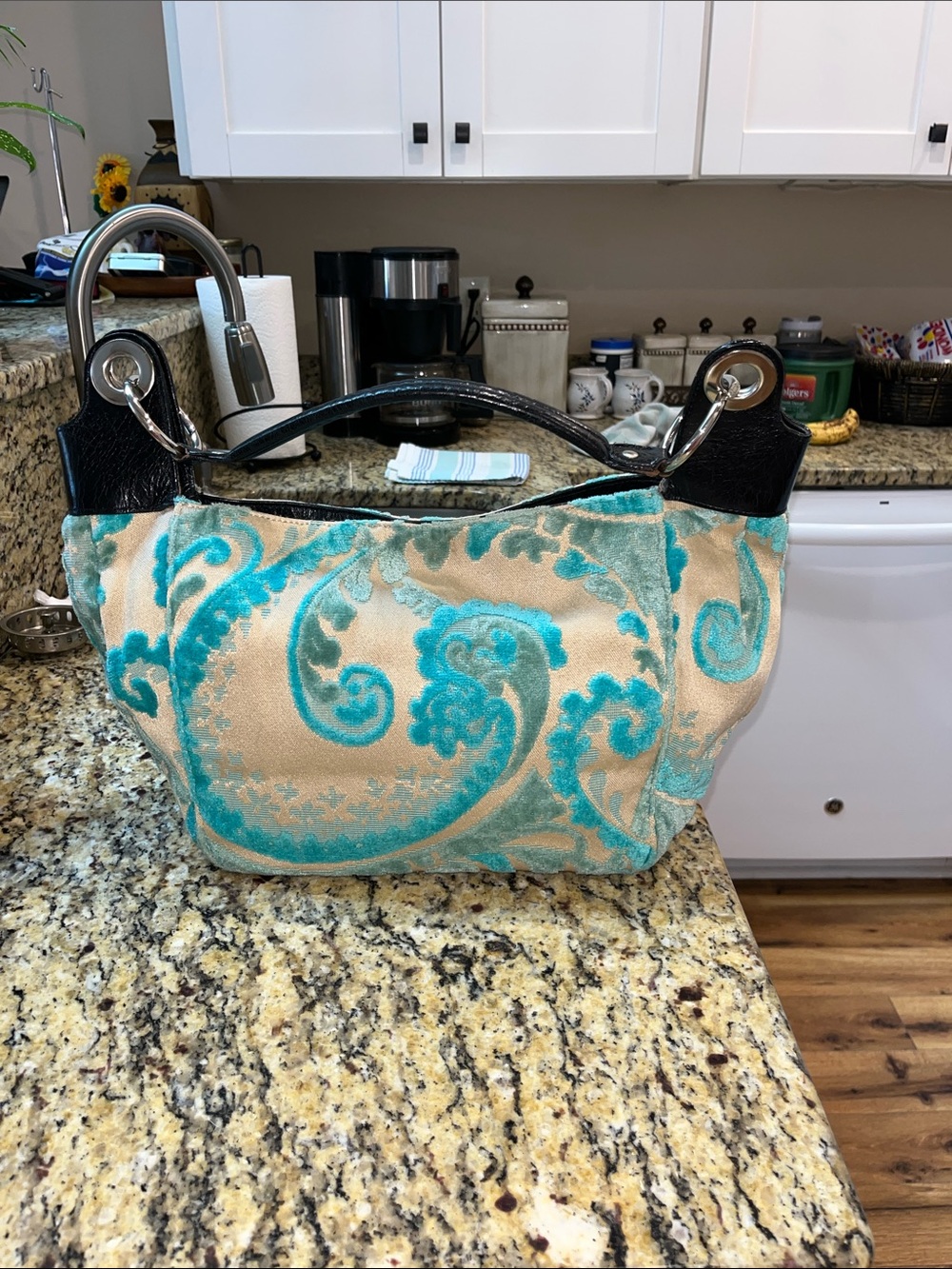 EUC Glenda Gies Melinda Olivia Relaxed Blue Chenille Mosaic Hobo Handbag.